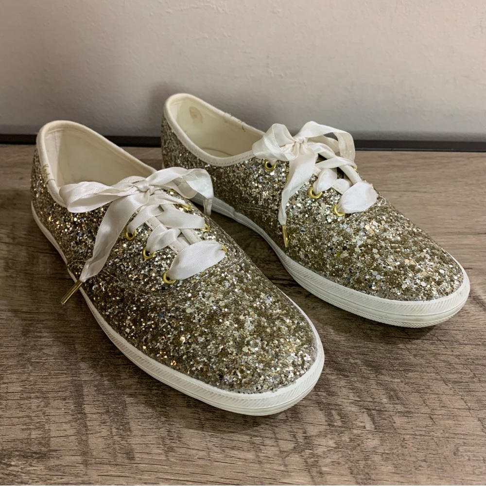 Women's KATE SPADE x KEDS Gold GLITTER Satin Ribbon LACE Up WEDDING Sneakers 6